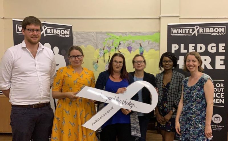 Cllrs Kelly Grehan, Emma Ben Moussa and Victoria Oguntope with Gravesham Cllrs Sarah Gow and Laura Sullivan with Luke Hart at a coercive control awareness event they organised last year.
